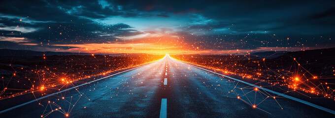 Logistic road with hologram data online network background.