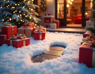 Christmas decoration outside a luxury house, with Christmas trees, gifts and lights, with Santa's footprints in the snow, with lights in the background.