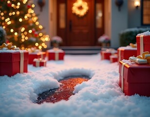 Christmas decoration outside a luxury house, with Christmas trees, gifts and lights, with Santa's footprints in the snow, with lights in the background.