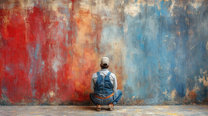 Obraz premium painter in overalls sits against colorful textured wall, contemplating his work. vibrant red and blue hues create inspiring atmosphere for creativity