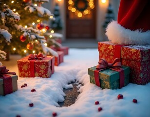 Christmas decoration outside a luxury house, with Christmas trees, gifts and lights, with Santa's footprints in the snow, with lights in the background.