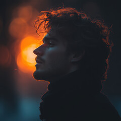 profile silhouette of man against vibrant sunset, showcasing his curly hair and thoughtful expression. warm colors create dramatic atmosphere