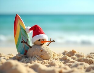 Happy Christmas snowman made with sand, on a vacation day on a paradise beach, with a surfboard, by the sea, on a sunny day