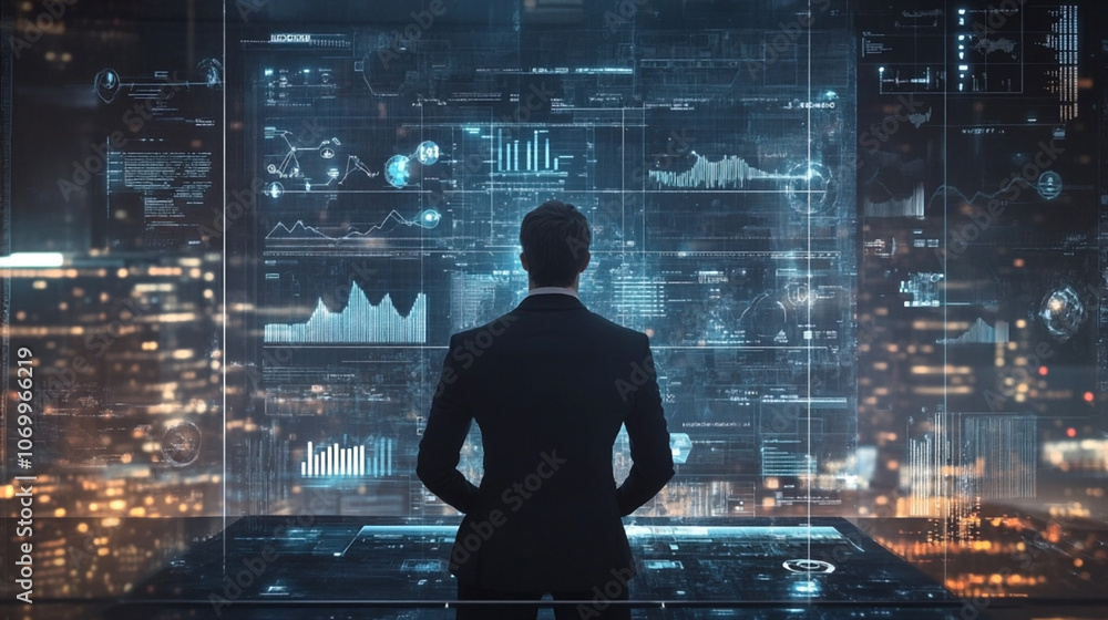 Poster businessman analyzing digital data on a large futuristic screen, symbolizing data analytics, technol