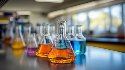 A row of beakers filled with colorful liquids sits on a laboratory table.
