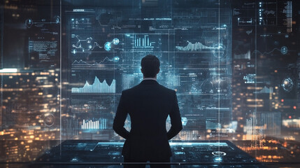Businessman analyzing digital data on a large futuristic screen, symbolizing data analytics, technology, and strategic decision-making in a corporate environment