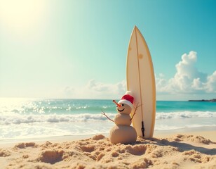 Happy Christmas snowman made with sand, on a vacation day on a paradise beach, with a surfboard, by the sea, on a sunny day