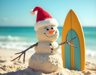 Happy Christmas snowman made with sand, on a vacation day on a paradise beach, with a surfboard, by the sea, on a sunny day