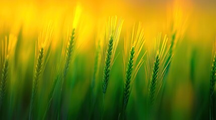 Obraz premium Close up of green wheat stalks against a golden sunset.