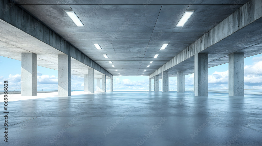 Poster 3d render of modern minimalist futuristic architecture with a car park and empty concrete floor unde