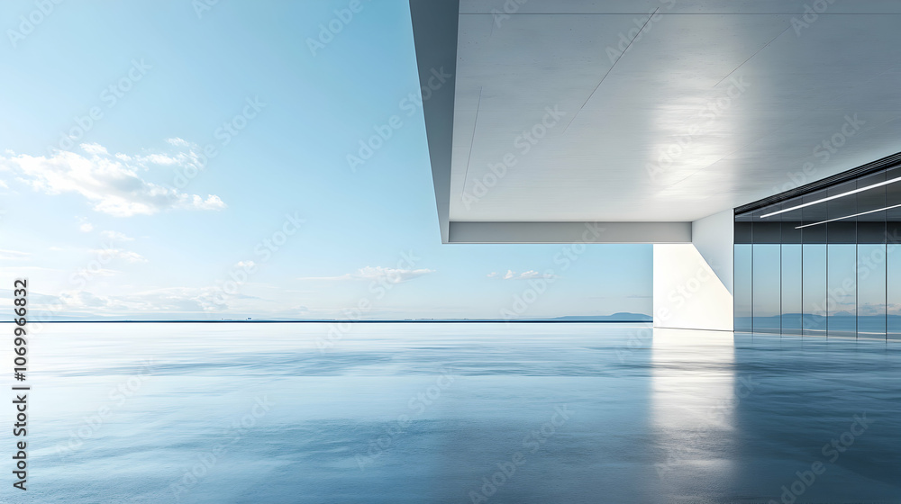 Poster 3d render of modern minimalist futuristic architecture with a car park and empty concrete floor unde
