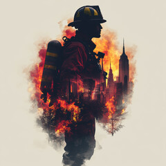 silhouette of firefighter stands against fiery urban backdrop, showcasing bravery and resilience amidst flames and towering buildings