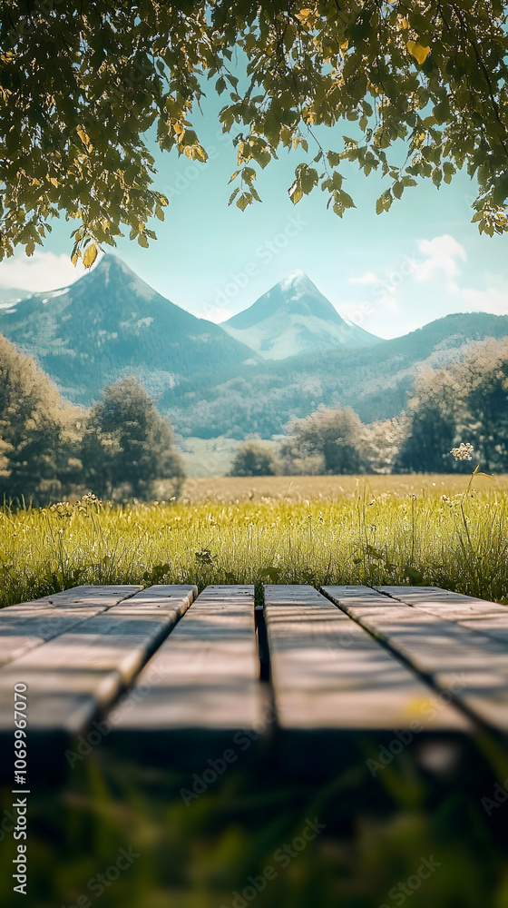 Poster abstract picnic background with a beautiful mountain view in the distance -
