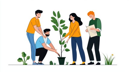 Young Adults Planting Tree Together in Community Effort