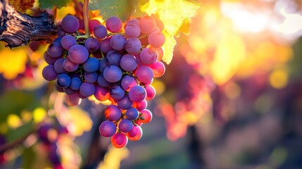A close-up of a cluster of ripe red grapes hanging from a vine, bathed in the warm glow of the setting sun.