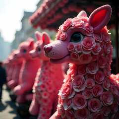 A close-up of an elegant rose-themed float, adorned with animals crafted entirely from flowers,