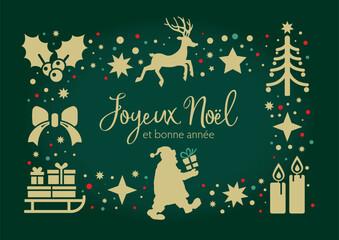 Vœux de Noël et bonne année - texte en français et décorations de Noël sur fond vert