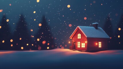 Fototapeta premium Winter sale banner, cozy cabin with string lights, snowfall effect, 3D illustration. Christmas lights illuminating a snow-covered pathway, guiding the way to a cozy cabin.