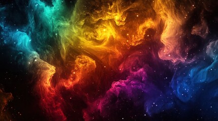 Abstract cosmic background with colorful nebulae and stars.