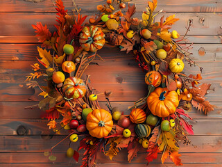 Colorful autumn wreath with pumpkins, fruits and leaves on wooden background,