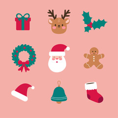 Christmas and New Year cute elements. Set hand drawn of traditional winter decorations. Gift box, Santa, deer, wreath, bell, holly, gingerbread. Vector illustration