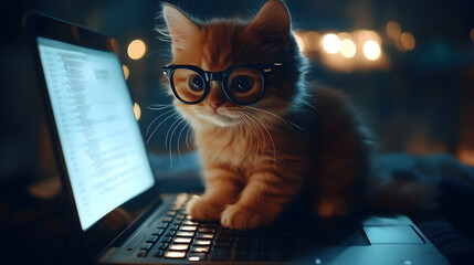 Cat wearing nerdy glasses, sitting on a laptop keyboard as if engaged in important work   -