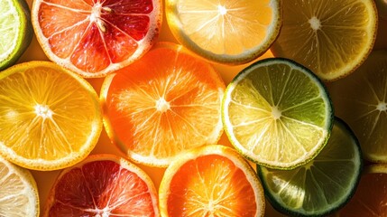 Obraz premium A close-up of various citrus fruits cut in half and arranged in a pattern.