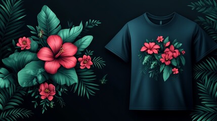 Tropical Hibiscus Flowers T Shirt Design Dark Green Leaves Apparel Print