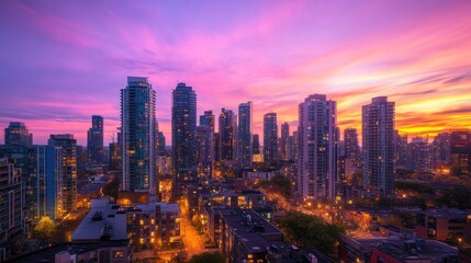 Obraz premium A breathtaking view of a city skyline at sunset with purple and orange clouds.