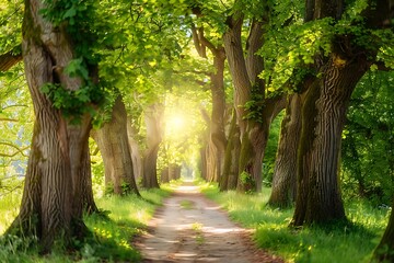 Naklejka premium Green tunnel in the garden at sunset time.