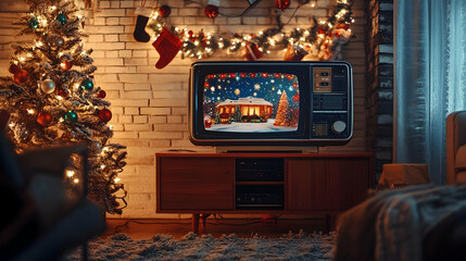 Classic TV showing a festive Christmas program in a warm, holiday-decorated living space   -