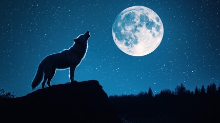 A lone wolf howls at the full moon in a starry night sky, standing on a rocky hilltop with a dark forest in the background.