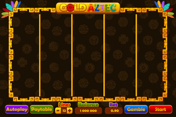 Casino slot machine game UI design, gambling mobile app concept for the Gold Aztec themed Casino Game. The Golden game user interface with basic buttons