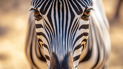 Naklejka premium Close-up portrait of a zebra's face with intense gaze and black and white stripes.