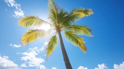 A single palm tree stands tall against a bright blue sky with white clouds and the sun peeking through its leaves.