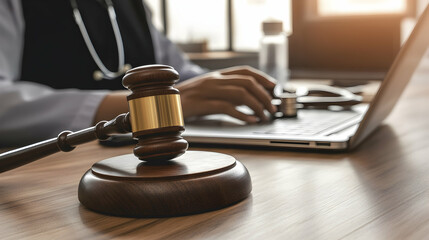 Close-up of wooden gavel and stethoscope on a desk, with a doctor using a laptop in the background, representing medical law and legal aspects of healthcare   -