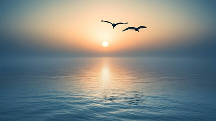 Two birds fly in silhouette over a tranquil sea at sunrise.