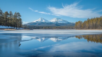 Clear frozen lake with snow-capped mountains and trees in the background
