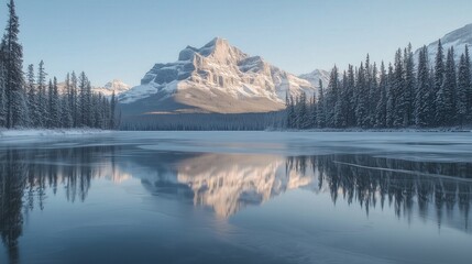 Clear frozen lake with snow-capped mountains and trees in the background