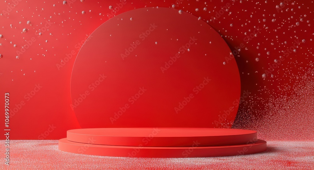 Aufkleber elegant red backdrop with circular platform surrounded by floating snowflakes for festive christmas 