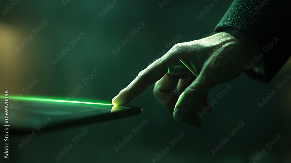Poster a mysterious hand interacts with a glowing green laser on a surface, creating an intriguing and futu