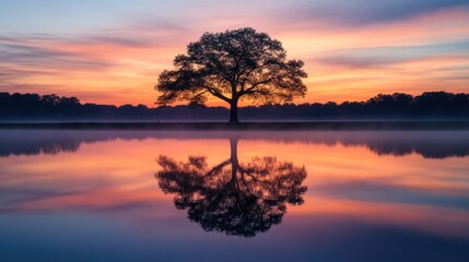 Fototapeta premium The powerful silhouette of trees reflected in the water is set against the backdrop of the colorful twilight sky.
