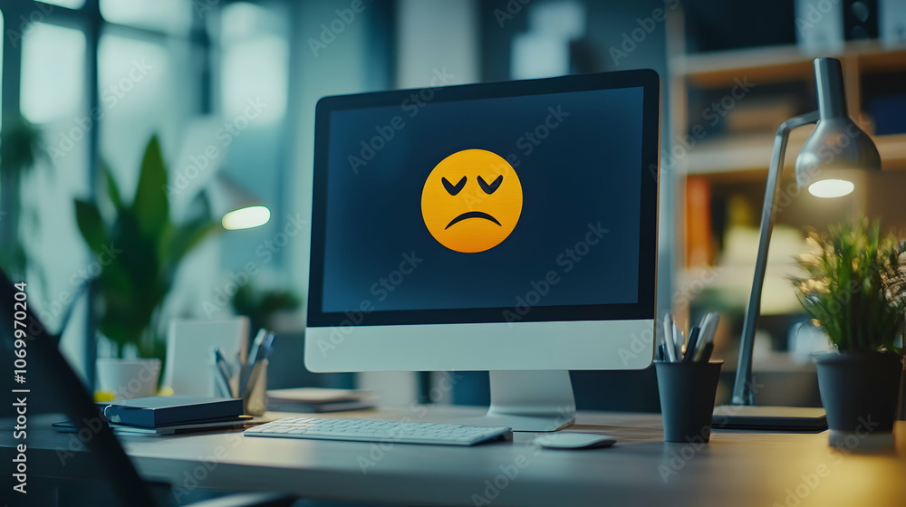 Poster computer displaying a sad face emoji on screen in a modern office, expressing digital communication 