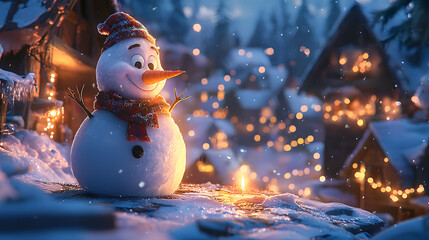 Obraz premium a cute tiny snowman with candlelit on the snow christmas winter background