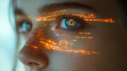 Woman with Line of Code Projected on Her Face and Reflecting