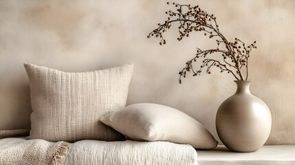 Cozy still life with neutral pillows, ceramic vase, and dried hawthorn branch, warm ambiance   -