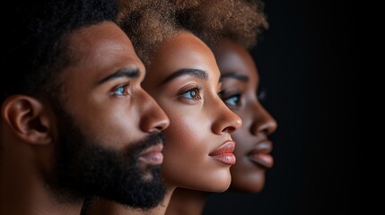 Side profile of three diverse individuals looking forward with focus