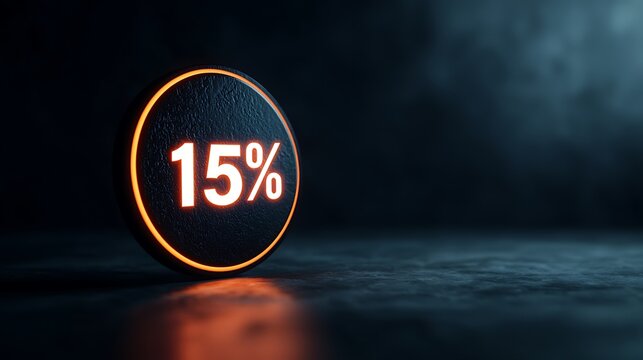 A glowing circular badge displays "15%" on a dark background, suggesting a discount or progress indicator in a modern, sleek design.