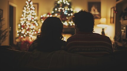 Couple Silhouettes Watching Christmas Tree Lights. Image Illustration background for presentation and wallpaper Beautiful picture