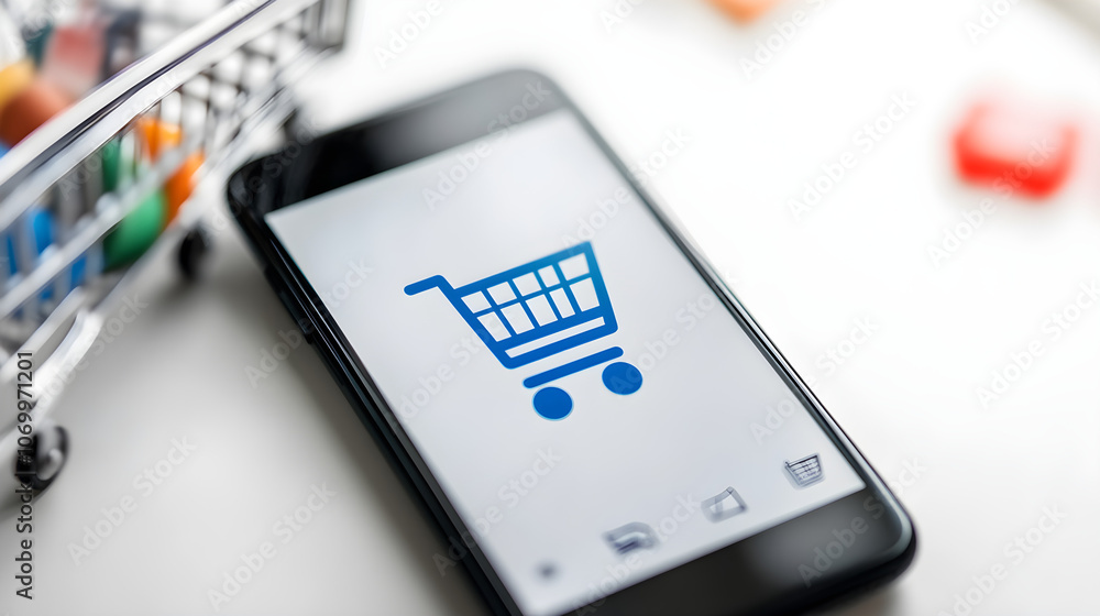 Poster a close-up of a smartphone screen with an active shopping app and cart icon